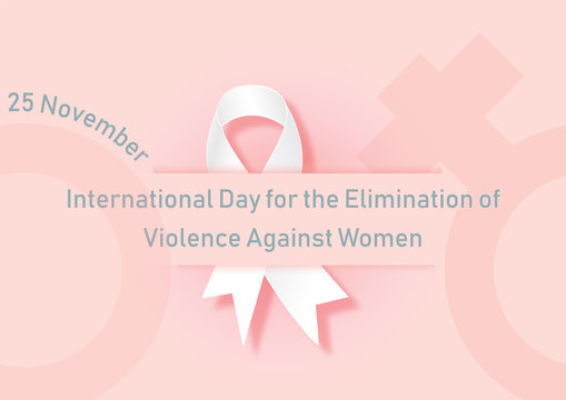 The day and name of "Elimination violence against women" blue wording on white ribbon and woman symbol and pink background. All in vector design.
