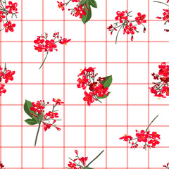 Red bloomoing garden flowers on hand drawn window check or grid seamless pattern vector scatter repeat for fashion,fabric ,and all prints