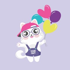Cute Kitten Cartoon Vector Holding Balloon
