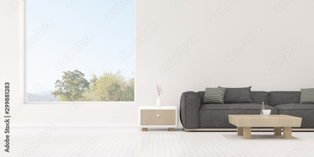 Poster perspective of modern luxury living room with grey sofa and white side table on wall, minimal, home 