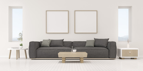 Perspective of modern luxury living room with grey sofa and white blank picture frame on wall, Minimal, home idea with large window on nature background. - 3D rendering.