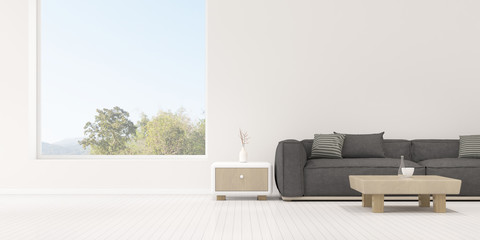 Fototapeta premium Perspective of modern luxury living room with grey sofa and white side table on wall, Minimal, home idea with large window on nature background. - 3D rendering.