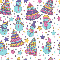 Seamless pattern with Christmas trees and snowmen