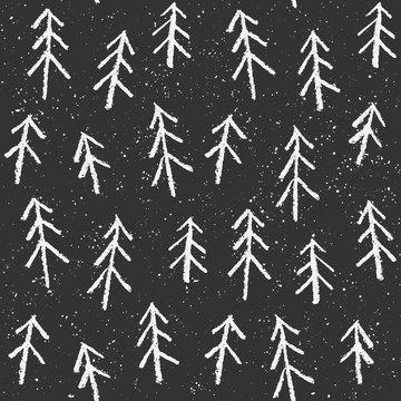 Chalk drawing christmas tree with snow seamless pattern. Simple minimalist trees on dark background isolated. Design for textile, wrapping paper, wallpaper.