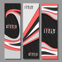 Vector set of vertical futuristic Banners, 3 layouts for ad leaflets with geometric abstract pattern and copy space for advertising text, design brochures with dark background for presentation.