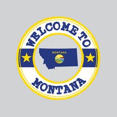 Vector stamp of welcome to Montana with map outline of the nation in center. the states of America.