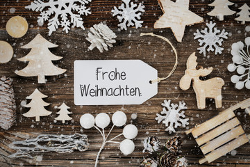 Naklejka na ściany i meble White Label With German Text Frohe Weihnachten Means Merry Christmas. Frame Of Christmas Decoration Like Tree, Sled, Star And Fir Cone. Wooden Background With Snowflakes