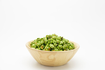 Lush of Japanese matcha green tea popcorn with white background for copy space text, Popular snack with favorite movie