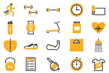 orange and black fitness and sport  icons set isolated on white background