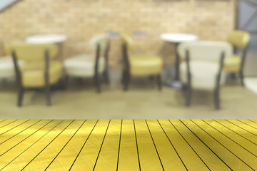 top golden metal desk with blur restaurant background