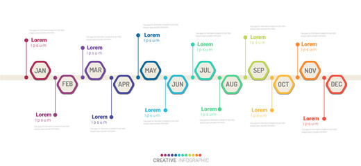 Timeline business for 12 months, 1 year, Timeline infographics design vector and Presentation business can be used for Business concept with 12 options, steps or processes. 