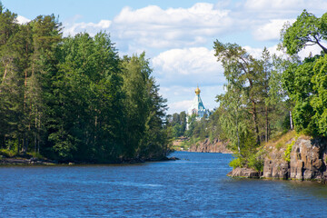 Fototapeta na wymiar Dome of St. Nicholas Church on the shore of the island of Valaam on lake Ladoga