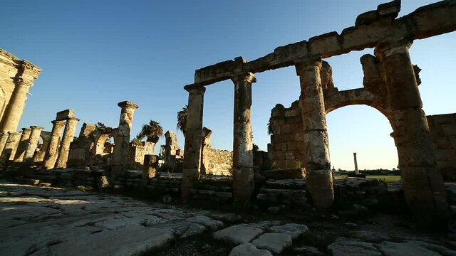 Pan left between The Roman Triumphal Arch and Hippodrome, Tyre, Lebanon