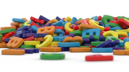 Alphabet letters on plain background. Plastic alphabet letters on white background. Rainbow colors. 3D illustration. 3D rendering