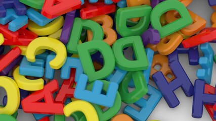 Fototapeta premium Alphabet letters on plain background. Plastic alphabet letters on white background. Rainbow colors. 3D illustration. 3D rendering