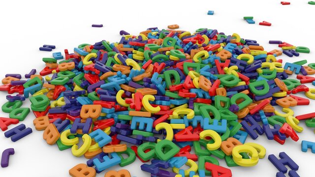Alphabet letters on plain background. Plastic alphabet letters on white background. Rainbow colors. 3D illustration. 3D rendering