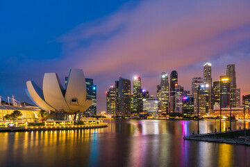 Panorama view of Singapore financial district skyline at night, Singapore