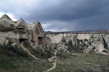 Mountain landscape before the rain. Rocky landscape. Goreme. Cappadocia. Turkey. 
