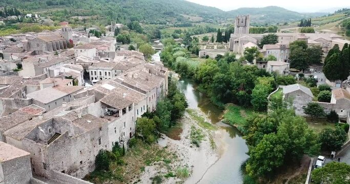 Aerial view of Romanesque Benedictine Abbey Sainte-Marie d'Orbieu in commune of Lagrasse in southern France
