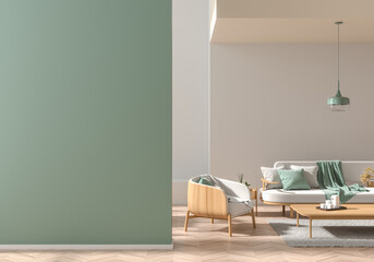 Empty wall mock up in Scandinavian style interior with copy space. Minimalist interior design with wooden furnitures. 3D illustration. © Salih