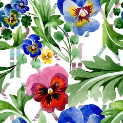 Ornament with viola floral botanical flowers. Watercolor background illustration set. Seamless background pattern.