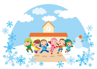 雪が積もった冬の日に幼稚園の前でジャンプする元気な子供たち【ドーム型】