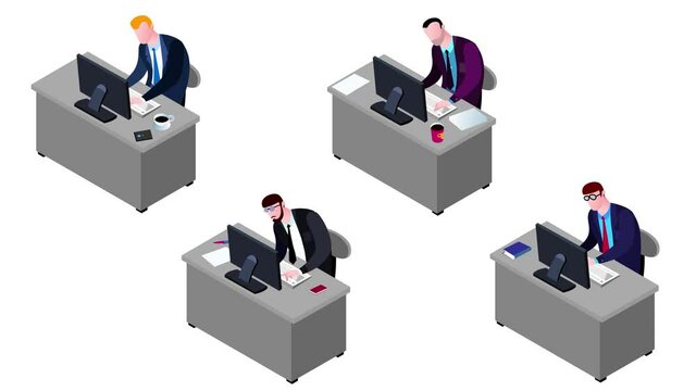 Four businessmen sitting and working with computer pack 2. Business cartoon style isometric animation of office employees. Cartoon character on white background. Seamless loop, alpha channel.