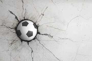 Sport soccer ball coming in cracked wall with grunge texture. - 299889626