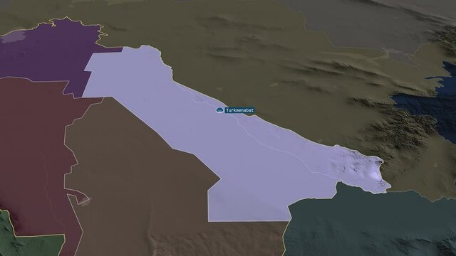 Chardzhou - province of Turkmenistan with its capital zoomed on the administrative map of the globe. Animation 3D