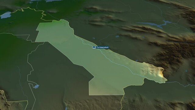 Chardzhou - province of Turkmenistan with its capital zoomed on the physical map of the globe. Animation 3D
