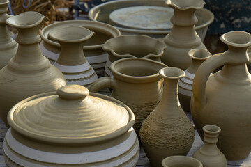 The fair of folk craftsmen of pottery. Handmade clay pots