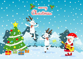 Merry Christmas greeting card with cute Santa Claus and deer. Holiday cartoon character in winter season. -Vector.