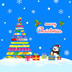 Merry Christmas greeting card with cute Christmas Tree and snowman , Gift Box. Holiday in winter season. -Vector.