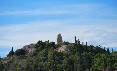 Athens Greece, ruins of famous Philopappos mausoleum on the top of the hill south of acropolis