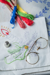 Embroidered napkins, paper model, color mulina  and glasses