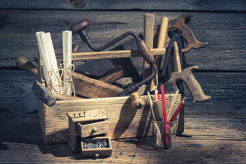 Closeup of carpenter working tools in a workshop