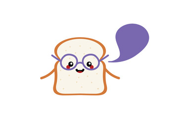 Cute cartoon toast bread character in glasses with speech bubble, talking, giving advice or information. 