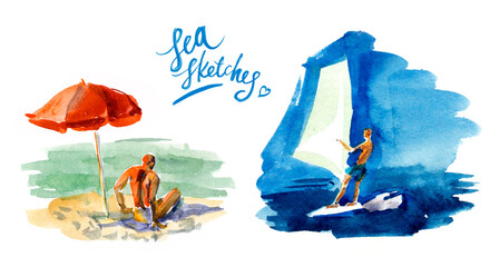 Watercolor Sea Sketches. Men relaxing on the beach - 299894283