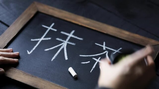 Woman write japanese symbols at blackboard