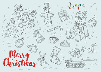 Christmas new year contour non color icon set for design, decoration of cards, stickers, festive illustrations of cheerful characters in the style of childrens Doodle, the background is isolated