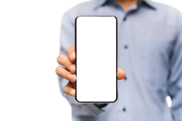 Smartphone with blank white screen in hands of unrecognizable man