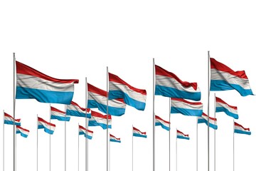 pretty national holiday flag 3d illustration. - many Luxembourg flags in a row isolated on white with empty place for your text