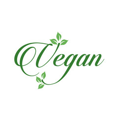 Vegan calligraphy logo with green leaves for organic Vegetarian friendly diet- Universal vegetarian symbol