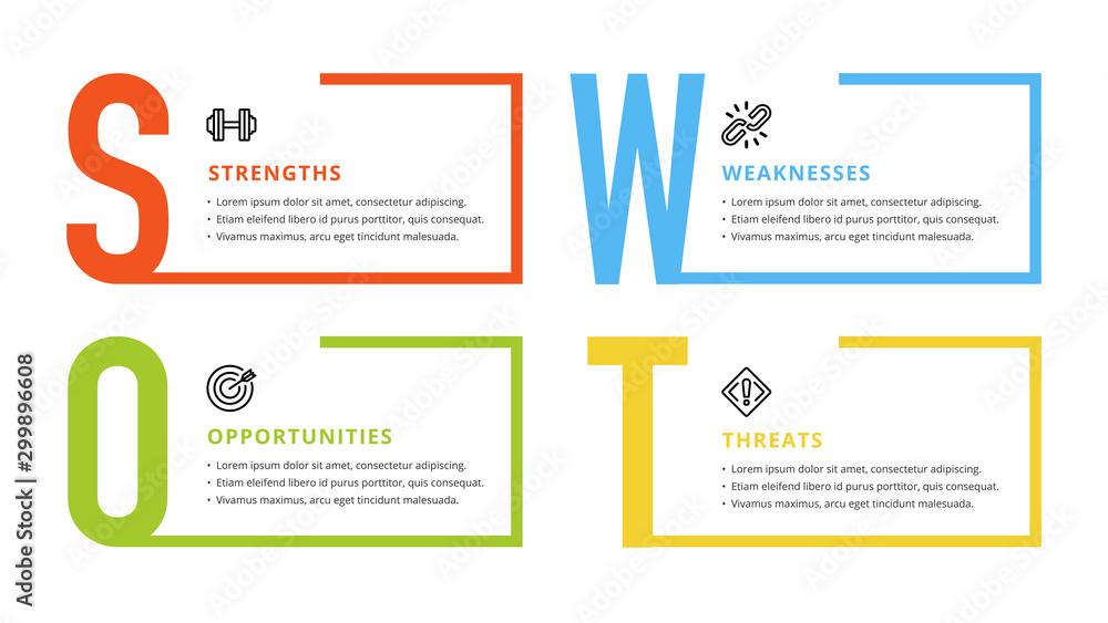 Poster four colorful elements with text inside placed around circle. concept of swot-analysis template or s
