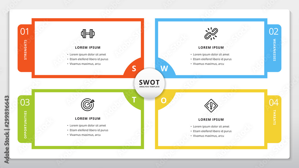 Poster four colorful elements with text inside placed around circle. concept of swot-analysis template or s