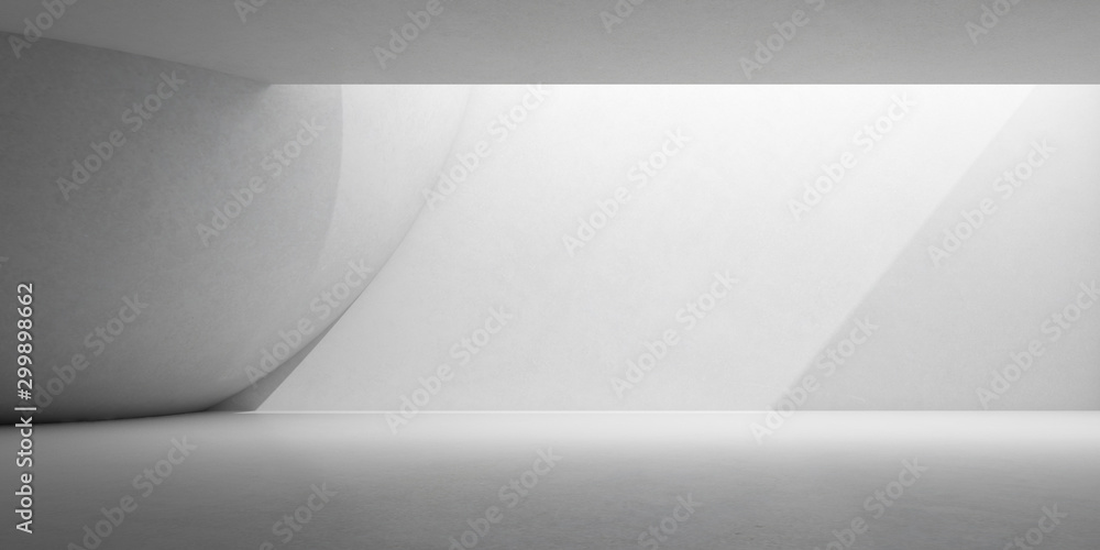 Aufkleber Abstract of concrete space with sun light cast the shadow on the wall and floor,Sphere structure sculpture design,Perspective of brutalism  architecture,3d rendering	