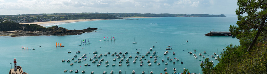 panorama view from above of the old port and harbor of Erquy in Brittany