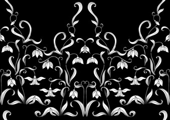 Galanthus, snowdrop, nivalis. Seamless pattern, background. Colored vector illustration. Black and white graphics Vector illustration. In art nouveau style, vintage old retro style