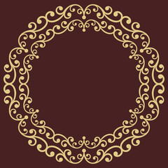 Oriental golden round frame with arabesques and floral elements. Floral border with vintage pattern. Greeting card with place for text