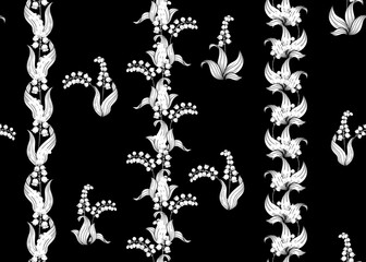 Lily of the valley, may-lily Seamless pattern, background. Vector illustration. Black and white graphics. Vector illustration. In art nouveau style, vintage, old, retro style..
